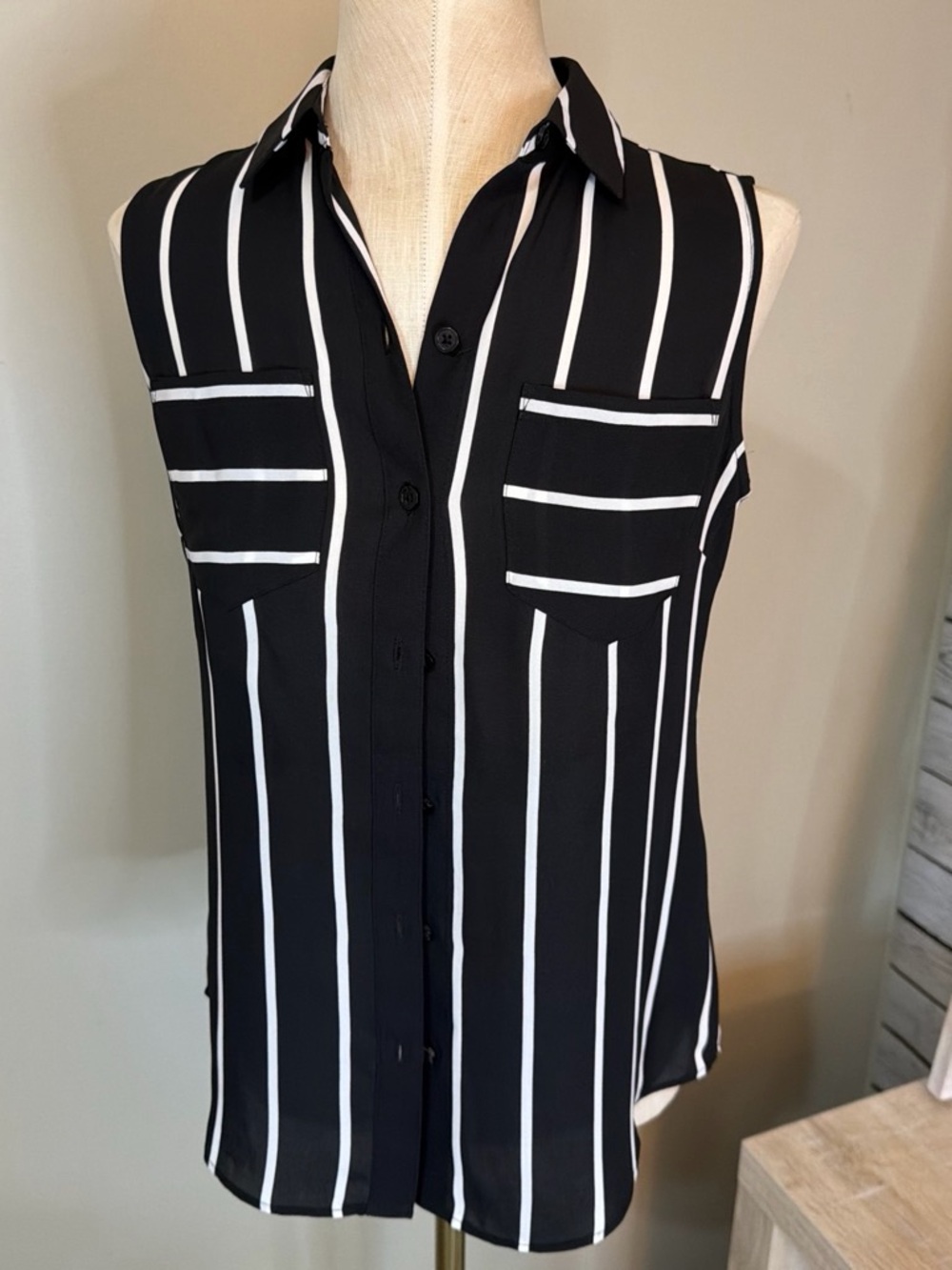 White House Black Market Black and White Vertical Stripe Sleeveless Button Down